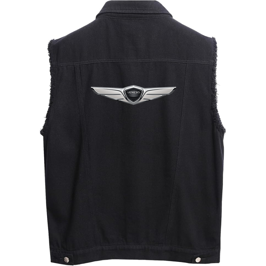 Men's Genesis Car Sleeveless Distressed Denim Vest Rugged Black Jean Jacket