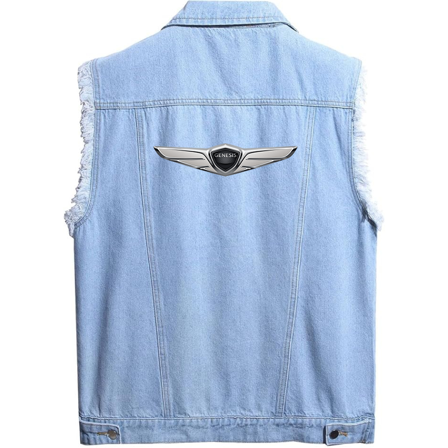 Men's Genesis Car Sleeveless Distressed Denim Vest Rugged Black Jean Jacket