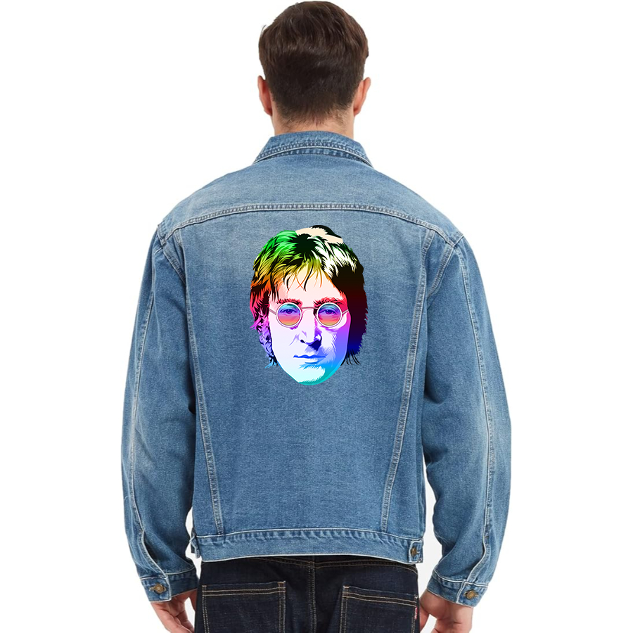 Men's John Lennon Face Art Music Vintage Distressed Denim Jacket Stylish Casual Jean Outerwear