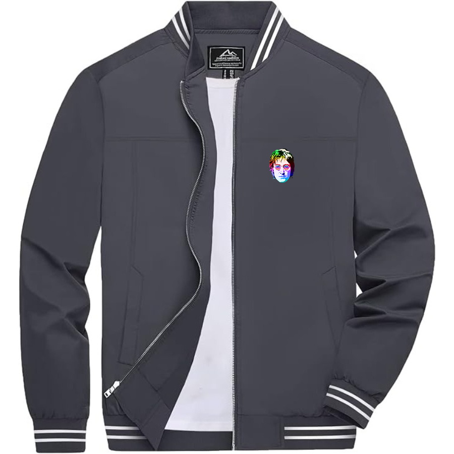 Men's John Lennon Face Art Music Lightweight Zip-Up Bomber Jacket Ribbed Collar and Cuffs Outerwear