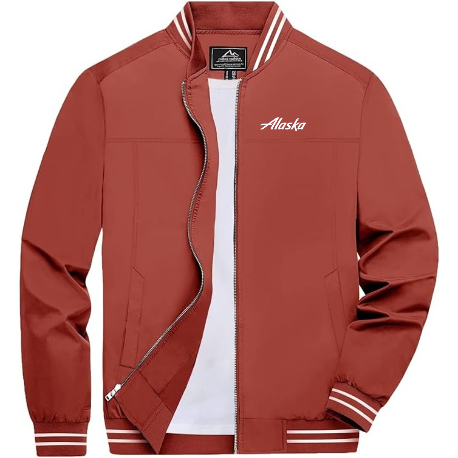 Men's Alaska Airline Lightweight Zip-Up Bomber Jacket Ribbed Collar and Cuffs Outerwear
