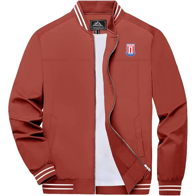 Men's Stoke City Soccer Lightweight Zip-Up Bomber Jacket Ribbed Collar and Cuffs Outerwear