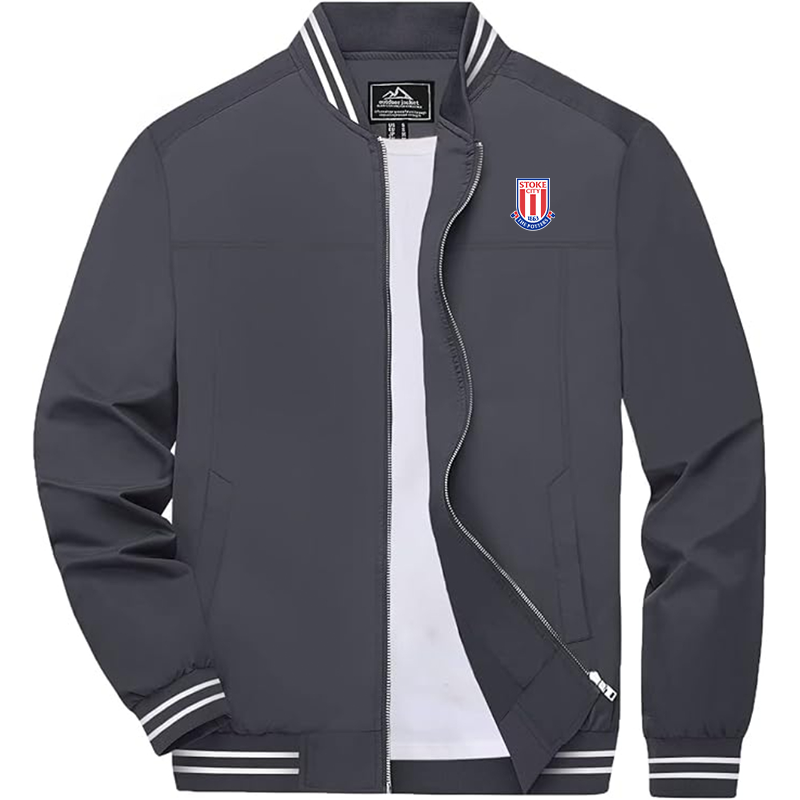 Men's Stoke City Soccer Lightweight Zip-Up Bomber Jacket Ribbed Collar and Cuffs Outerwear