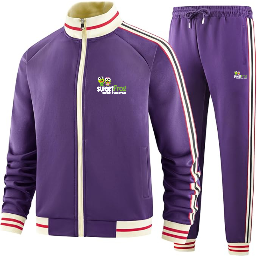 Men's Sweet Frog Frozen Tracksuit with Bold Striped Accents and Zippered Front