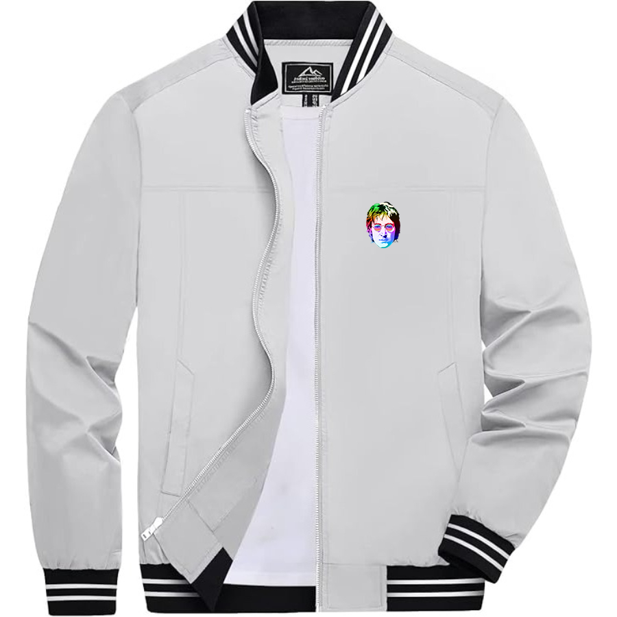 Men's John Lennon Face Art Music Lightweight Zip-Up Bomber Jacket Ribbed Collar and Cuffs Outerwear