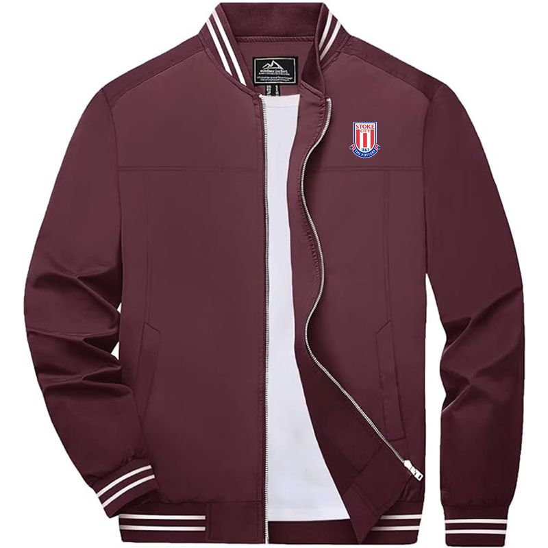 Men's Stoke City Soccer Lightweight Zip-Up Bomber Jacket Ribbed Collar and Cuffs Outerwear
