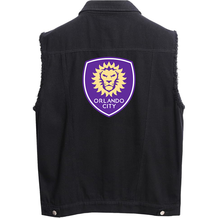 Men's Orlando City Soccer Sleeveless Distressed Denim Vest Rugged Black Jean Jacket
