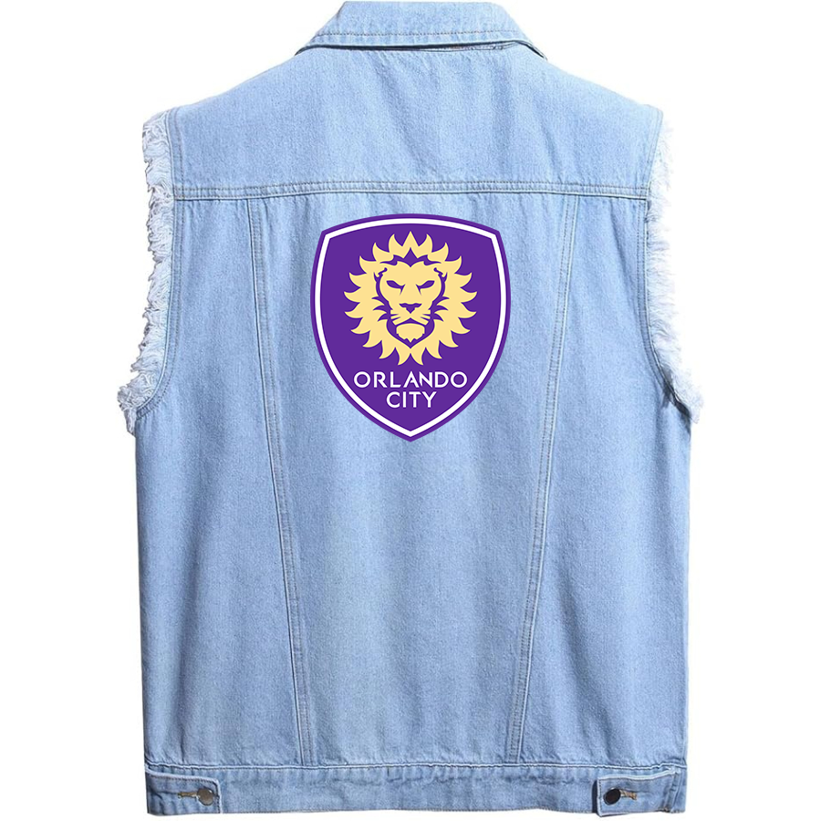 Men's Orlando City Soccer Sleeveless Distressed Denim Vest Rugged Black Jean Jacket