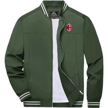 Men's Embroiderd AC Milan  Lightweight Zip-Up Bomber Jacket with Ribbed Collar and Cuffs Versatile Casual Outerwear