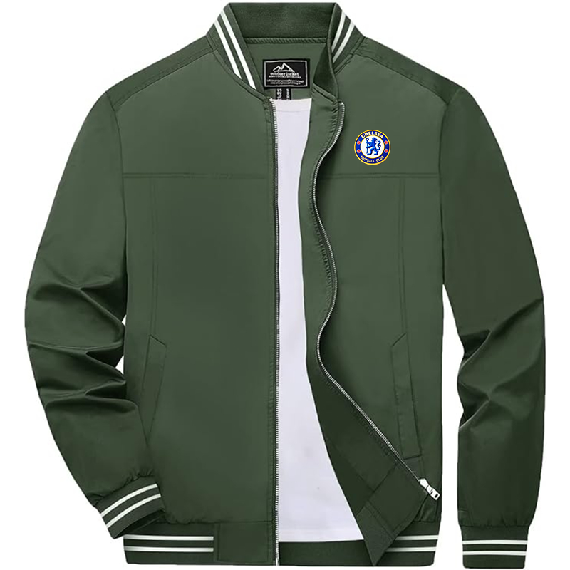 Men's Embroiderd Chelsea Football Club  Lightweight Zip-Up Bomber Jacket with Ribbed Collar and Cuffs Versatile Casual Outerwear