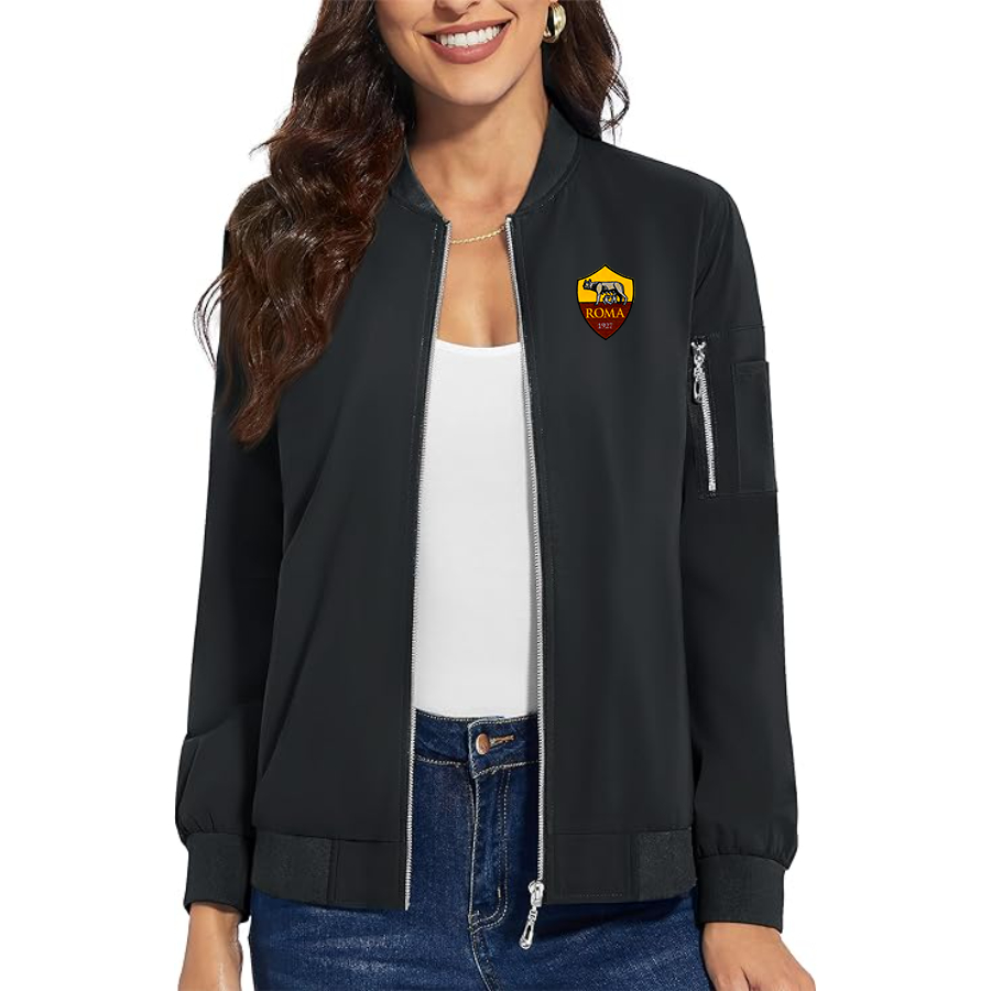 Women's AS Roma Embroidered  Premium Bomber Jacket with Polished Detailing and Functional Sleeve Pocket Modern Luxury Outerwear