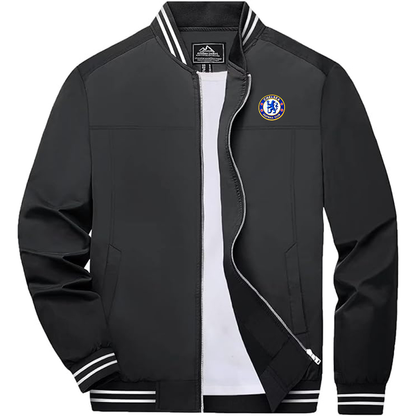 Men's Embroiderd Chelsea Football Club  Lightweight Zip-Up Bomber Jacket with Ribbed Collar and Cuffs Versatile Casual Outerwear