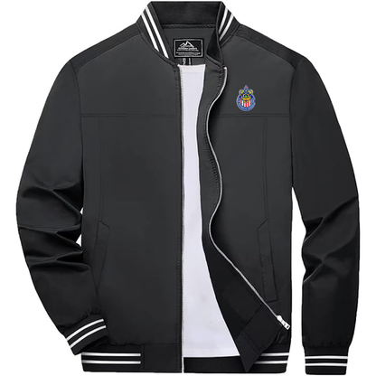 Men's Embroiderd Chivas Club  Lightweight Zip-Up Bomber Jacket with Ribbed Collar and Cuffs Versatile Casual Outerwear