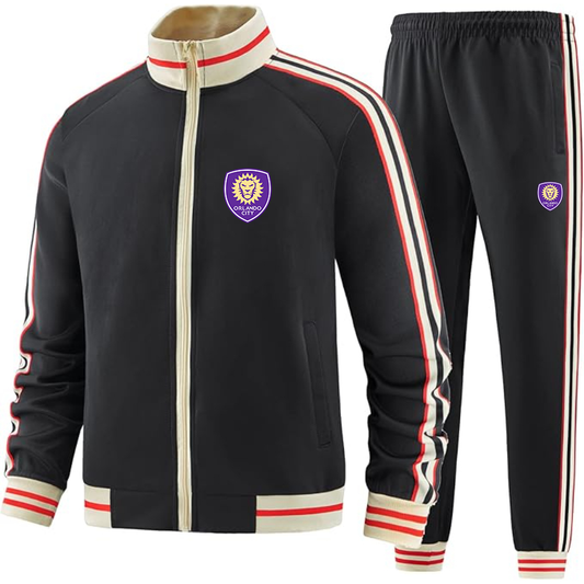 Men's Orlando City Soccer  Two Piece Designer Tracksuit with Bold Striped Accents and Zippered Front Elevated Athletic Wear