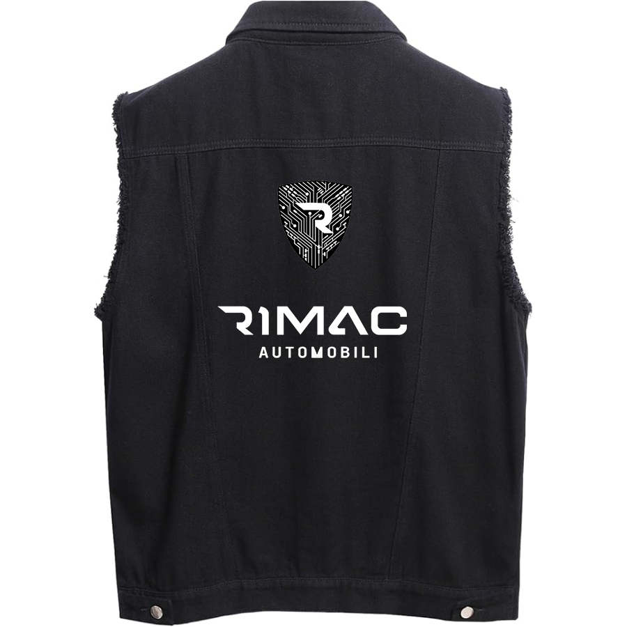 Men's Rimac Automobili Sleeveless Distressed Denim Vest Rugged Black Jean Jacket