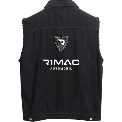 Men's Rimac Automobili Sleeveless Distressed Denim Vest Rugged Black Jean Jacket