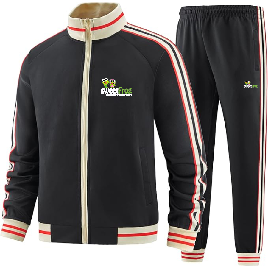 Men's Sweet Frog Frozen Two Piece Designer Tracksuit with Bold Striped Accents and Zippered Front Elevated Athletic Wear