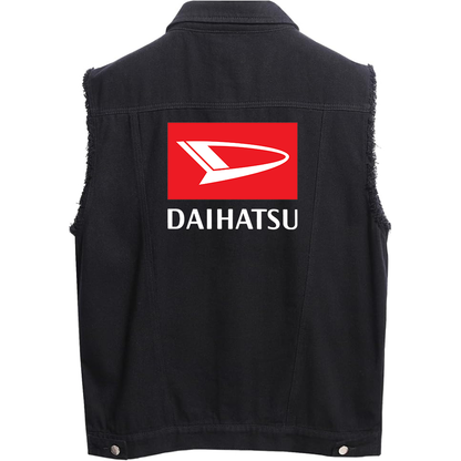 Men's Daihatsu Car TruckSleeveless Distressed Denim Vest Rugged Black Jean Jacket