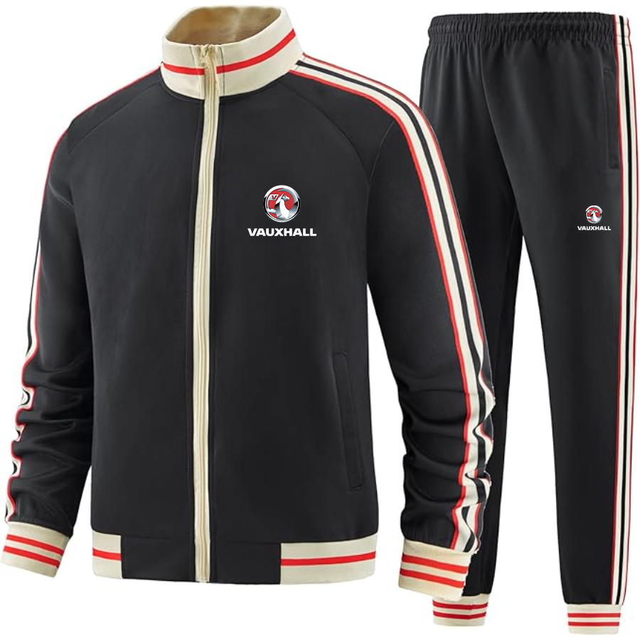 Men's Vauxcall motors Two Piece Designer Tracksuit with Bold Striped Accents and Zippered Front Elevated Athletic Wear