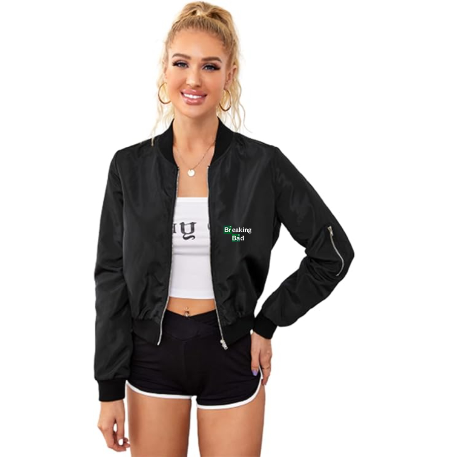 Women's Breaking Bad Lightweight Bomber Biker Jacket Zip up Windbreaker Crop Bomber Jacket Coat