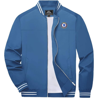 Men's Embroiderd Chelsea Football Club  Lightweight Zip-Up Bomber Jacket with Ribbed Collar and Cuffs Versatile Casual Outerwear