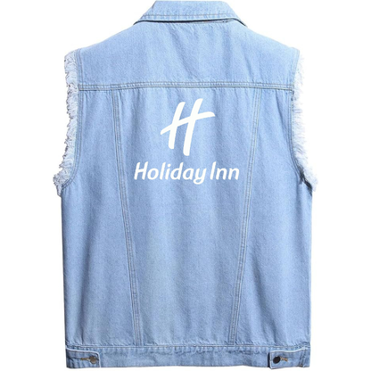 Men's Holiday Inn Sleeveless Distressed Denim Vest Rugged Black Jean Jacket