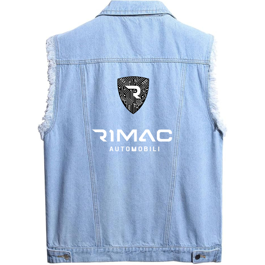 Men's Rimac Automobili Sleeveless Distressed Denim Vest Rugged Black Jean Jacket