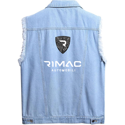 Men's Rimac Automobili Sleeveless Distressed Denim Vest Rugged Black Jean Jacket