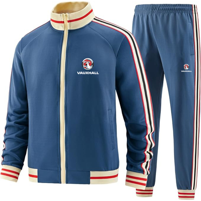 Men's Vauxcall motors Two Piece Designer Tracksuit with Bold Striped Accents and Zippered Front Elevated Athletic Wear