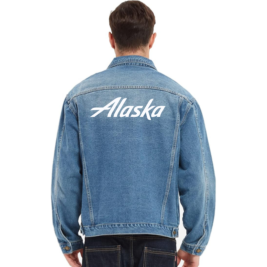 Men's Alaska Airline Vintage Distressed Denim Jacket Stylish Casual Jean Outerwear