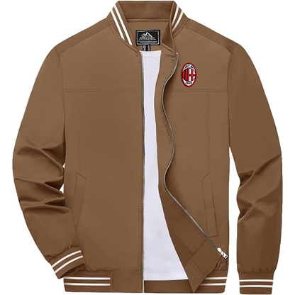 Men's Embroiderd AC Milan  Lightweight Zip-Up Bomber Jacket with Ribbed Collar and Cuffs Versatile Casual Outerwear