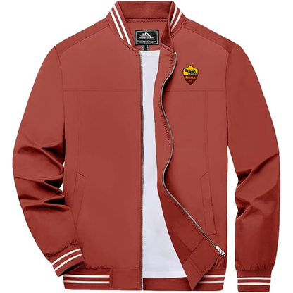 Men's Embroiderd AS Roma  Lightweight Zip-Up Bomber Jacket with Ribbed Collar and Cuffs Versatile Casual Outerwear