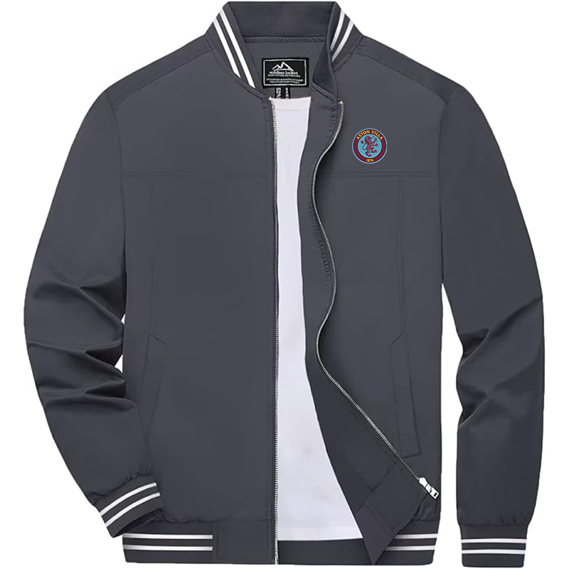 Men's Embroiderd Aston Villa Lightweight Zip-Up Bomber Jacket with Ribbed Collar and Cuffs Versatile Casual Outerwear