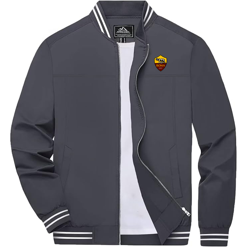 Men's Embroiderd AS Roma  Lightweight Zip-Up Bomber Jacket with Ribbed Collar and Cuffs Versatile Casual Outerwear