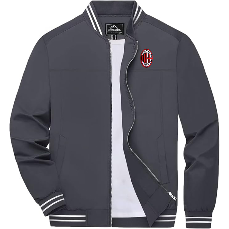 Men's Embroiderd AC Milan  Lightweight Zip-Up Bomber Jacket with Ribbed Collar and Cuffs Versatile Casual Outerwear