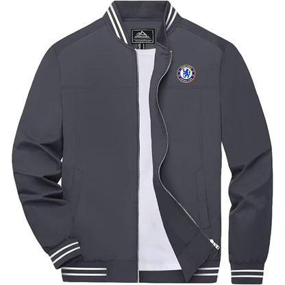 Men's Embroiderd Chelsea Football Club  Lightweight Zip-Up Bomber Jacket with Ribbed Collar and Cuffs Versatile Casual Outerwear