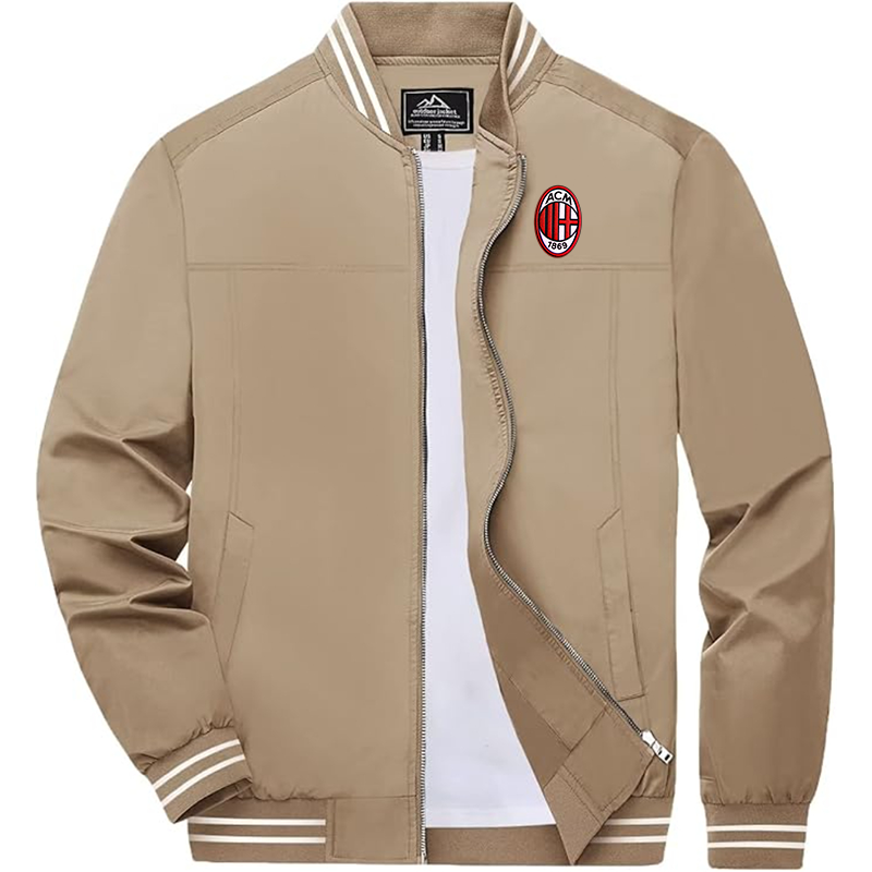 Men's Embroiderd AC Milan  Lightweight Zip-Up Bomber Jacket with Ribbed Collar and Cuffs Versatile Casual Outerwear