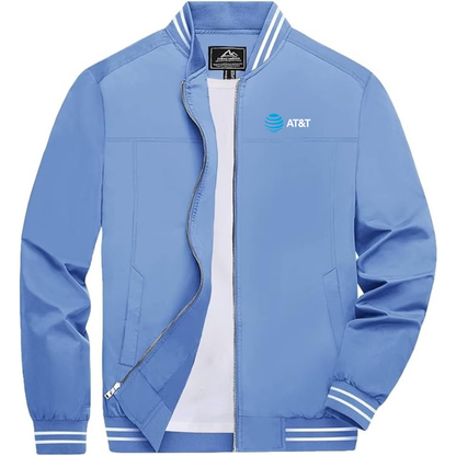 Men's AT&T Lightweight Zip-Up Bomber Jacket with Ribbed Collar and Cuffs Versatile Casual Outerwear