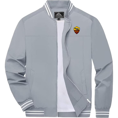 Men's Embroiderd AS Roma  Lightweight Zip-Up Bomber Jacket with Ribbed Collar and Cuffs Versatile Casual Outerwear