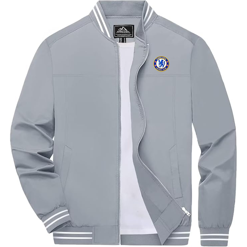 Men's Embroiderd Chelsea Football Club  Lightweight Zip-Up Bomber Jacket with Ribbed Collar and Cuffs Versatile Casual Outerwear