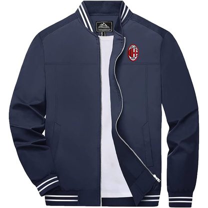 Men's Embroiderd AC Milan  Lightweight Zip-Up Bomber Jacket with Ribbed Collar and Cuffs Versatile Casual Outerwear