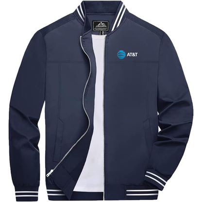 Men's AT&T Lightweight Zip-Up Bomber Jacket with Ribbed Collar and Cuffs Versatile Casual Outerwear