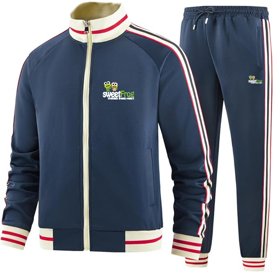 Men's Sweet Frog Frozen Two Piece Designer Tracksuit with Bold Striped Accents and Zippered Front Elevated Athletic Wear