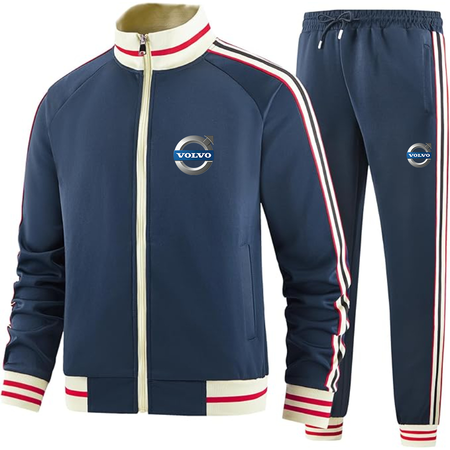 Men's Volvo Car  Two Piece Designer Tracksuit with Bold Striped Accents and Zippered Front Elevated Athletic Wear