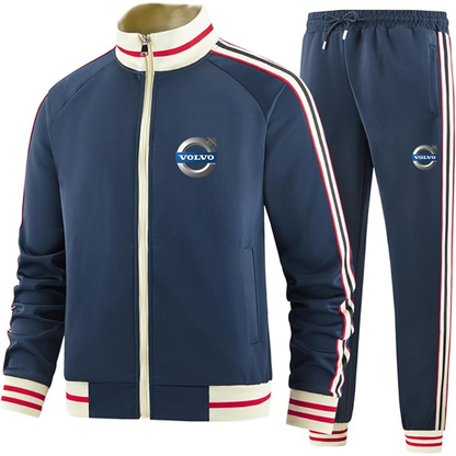 Men's Volvo Car  Two Piece Designer Tracksuit with Bold Striped Accents and Zippered Front Elevated Athletic Wear