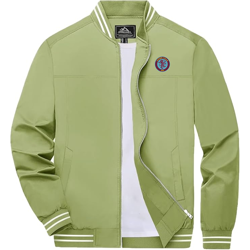 Men's Embroiderd Aston Villa Lightweight Zip-Up Bomber Jacket with Ribbed Collar and Cuffs Versatile Casual Outerwear