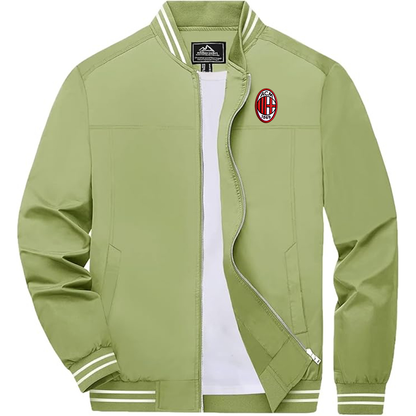 Men's Embroiderd AC Milan  Lightweight Zip-Up Bomber Jacket with Ribbed Collar and Cuffs Versatile Casual Outerwear