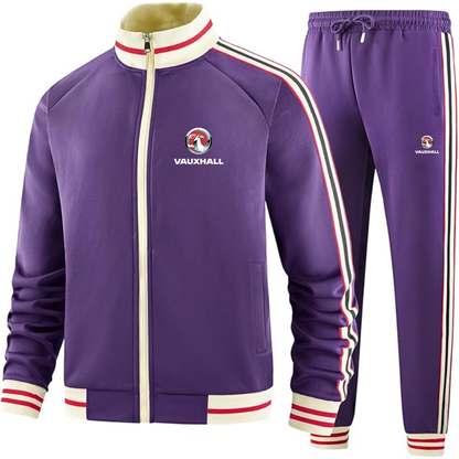 Men's Vauxcall motors Two Piece Designer Tracksuit with Bold Striped Accents and Zippered Front Elevated Athletic Wear