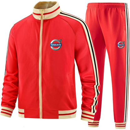 Men's Volvo Car  Two Piece Designer Tracksuit with Bold Striped Accents and Zippered Front Elevated Athletic Wear