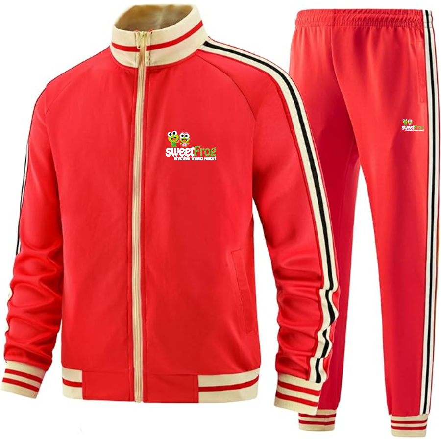 Men's Sweet Frog Frozen Two Piece Designer Tracksuit with Bold Striped Accents and Zippered Front Elevated Athletic Wear